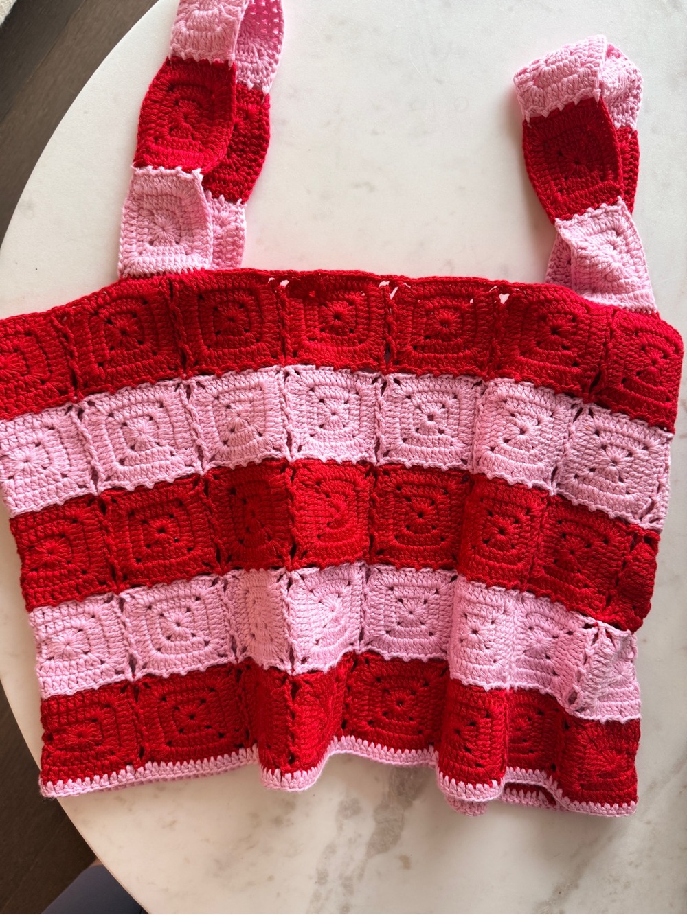Tuckernuck Hand-Crocheted Pink and Red Square-Pattern Crop Top